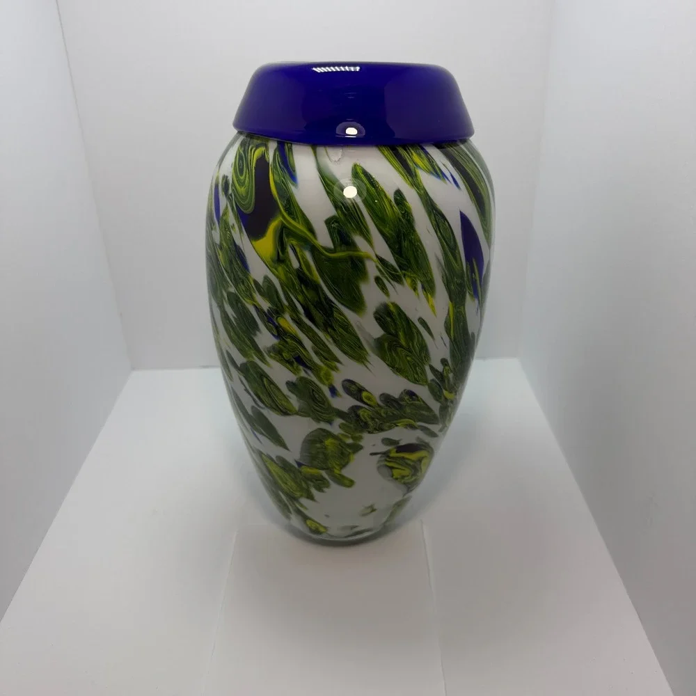 Hand Blown Studio Art Glass Vase Cobalt Green Yellow Swirl White 11 Inch